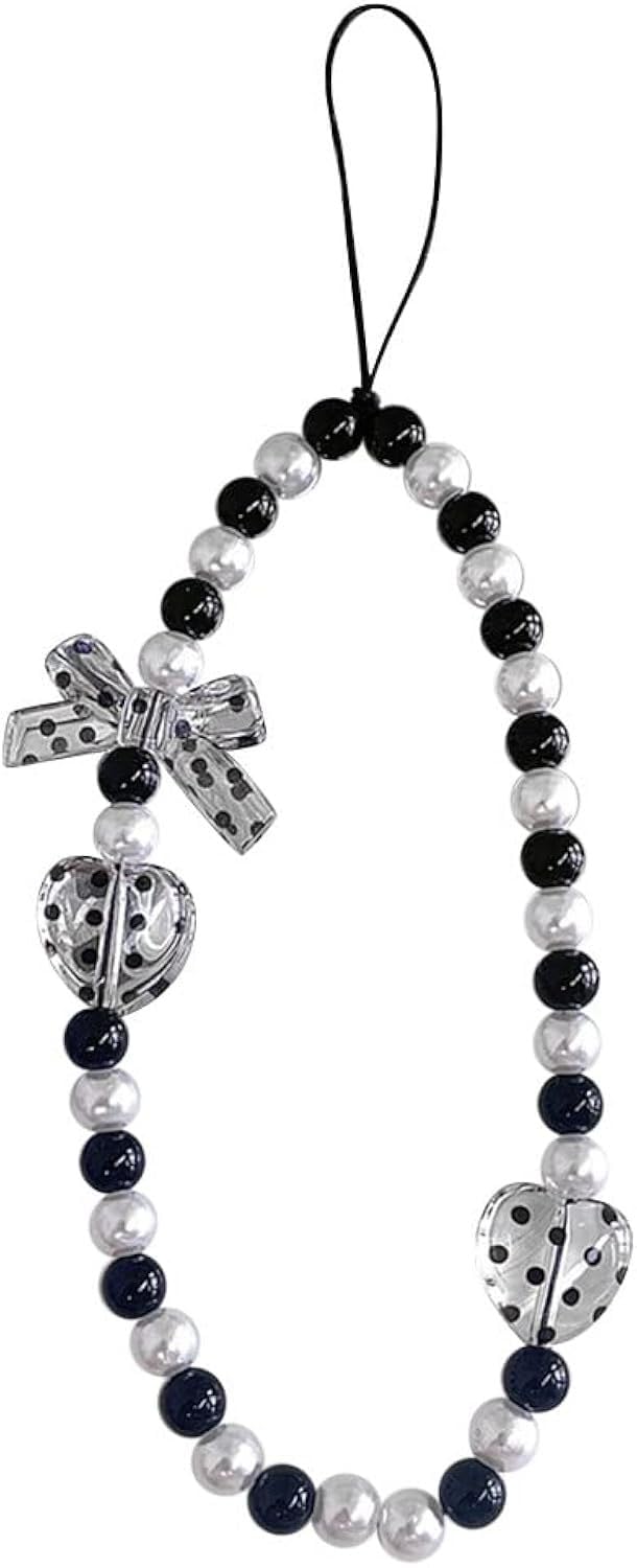 JOIUXNER Beaded Phone Lanyard Wrist Strap,Classic Black and White Series Pearl Phone Charm Chain String Hanging Cord for Women Girl