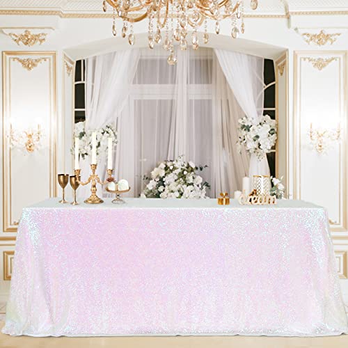 Image of B-COOL Iridescent Tablecloth Sequin Tablecloth Glitter Rectangle 90x90 inches White Iridescent Sparkle Sequin Fabric for Wedding Party Birthday Home Decoration