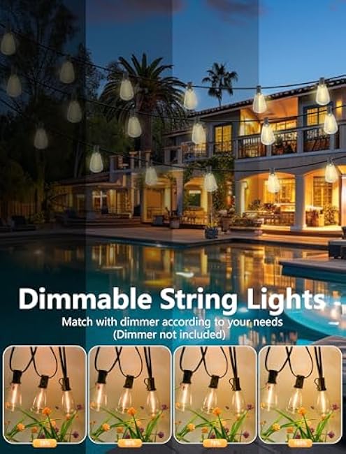 Outdoor String Lights 50FT Patio Lights with 25 Shatterproof, String Lights Outdoor Waterproof with ST35 LED Vintage Edison Bulbs, Hanging Light for Outside Backyard Garden
