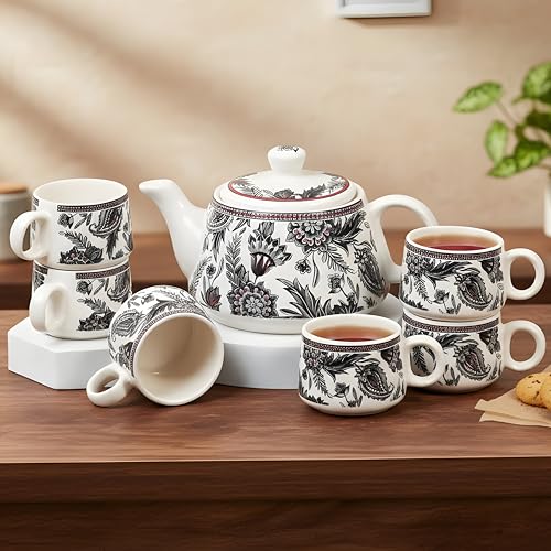 Image of CRAF10 Handcrafted Ceramic Stylo Black Teapot Cup Set - 1 Kettle (1 Litre) & 6 Cups (160 ML), Microwave & Dishwasher Safe | Morning Set | Tea Sets with Kettle for Gifting