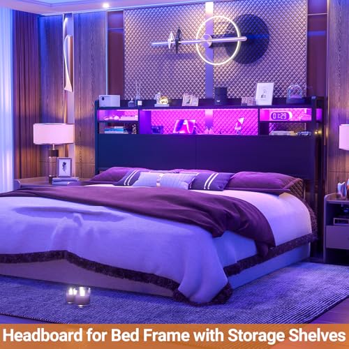 Image of Aheaplus Headboard for Queen Size Bed with Storage, Rustic Brown | Headboards with LED Light, Power Outlets, USB Ports Queen Size Head Board, Wood headboard Only Sturdy and Stable Headboards