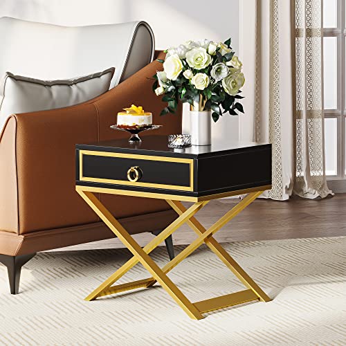 DWVO Modern Black Nightstand with Drawer Solid Wood Small Bedside Table Gold Metal Frame Fully Assembled End Table for Living Room Bedroom