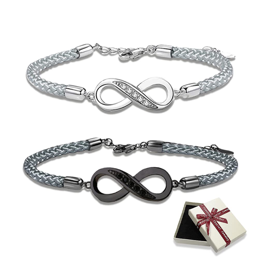 Maigendoo Couple Bracelet Infinity Bracelets for Women Men Matching Set Lucky 8 Symbol Rope Braided Bracelets Gift for Lover Relationship Friendship Distance Chain Bracelet Jewelry, Black Silver