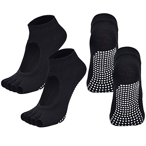 Image of 2 Pairs Toeless Yoga Socks Non-Slip Grips for Pilates Ballet Dance Barefoot Workout Cotton Open Toe Sports Socks
