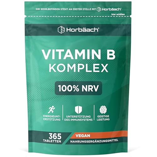 Vitamin B Komplex Hochdosiert | Alle 8 B-Vitamine: B1, B2, B3, B5, B6, B7, B9 und B12 | 1 Jahr Vorrat - 365 Vegane Tabletten | von Horbaach