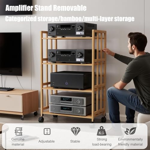 Mobilny, Drewniany Stojak Na Sprzęt Audio Hi-Fi Z Kółkami – 4-Poziomowy, Regulowany Stojak Na Sprzęt Audio Do Salonu, Gier I Studia Nagrań