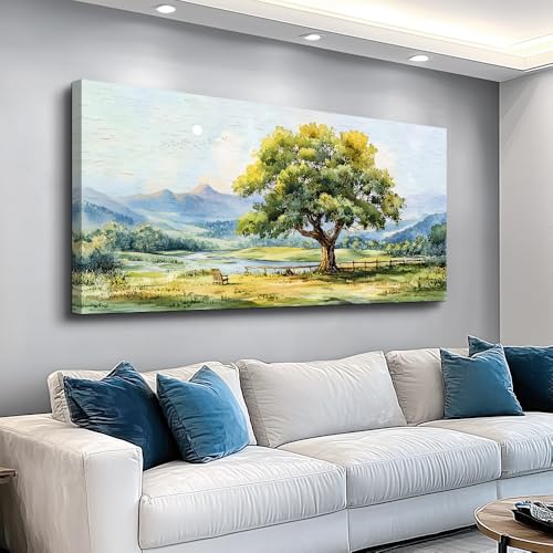 QIYILEXWART Canvas Wall Art For Living Room Wall Decor For Bedroom Office Wall Decoration Green Tree Landscape Painting Farmhouse Pictures Artwork Room Aesthetic Home Decor 20x40 In