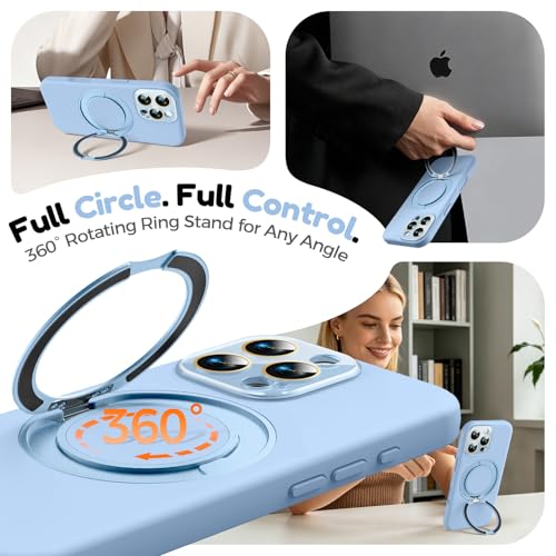 Image of Silicone 360 Spin Magnetic Stand Case for iPhone 16 Pro Max, [Compatible with Mag-Safe][Reinforced Hard Camera Protection] Liquid Silicone Rubber Phone Cover with Ring, Camera Button, Sky Blue