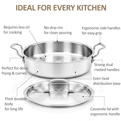 Image of SOLARA Triply Stainless Steel Short Casserole with SS Lid, 28 cm, Tri-Ply Heavy Bottom Cooking Pot with Cast Steel Handles, Induction & Gas Compatible