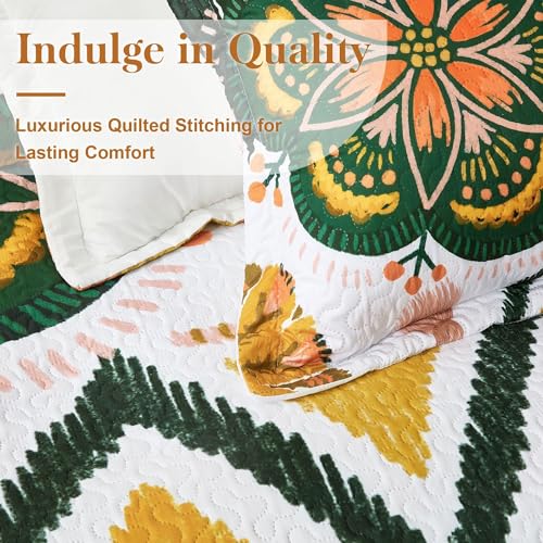 Image of Tyrot 2 Piece Boho Floral Quilt Sets Twin Size Farmhouse Botanical Reversible Lightweight Bedspread Coverlet with 1 Sham Mid Century Leaves Microfiber Bedding Quilts Set for All Season, 68''x86''