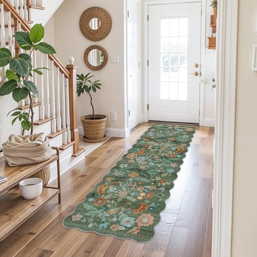Washable 2x6 Runner Rug for Entryway: Hallway Kitchen Easy-Clean Carpet with Non-Slip Backing Stain-Resistant Low Pile Floor Mat – Perfect for High-Traffic Areas with Pets (2x6 Floral/Green)
