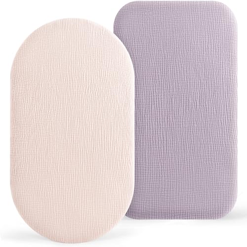 Image of Bearmoss Bassinet Sheets - 2 Pack Muslin Cotton Bassinet Sheets Fits Oval and Rectangle Bassinet Mattress, Breathable and Skin-Friendly for Baby Boy and Girl (Light Pink&Purple)