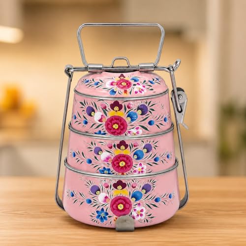 Image of iHandikart Handpainted Decorative Lunch Box Tiffin | Multiple Tier Stainless Steel Food Box | Designer Indian Print Tiffin for School | Diwali Gift, Navratri Gift (Color - Multicolor)