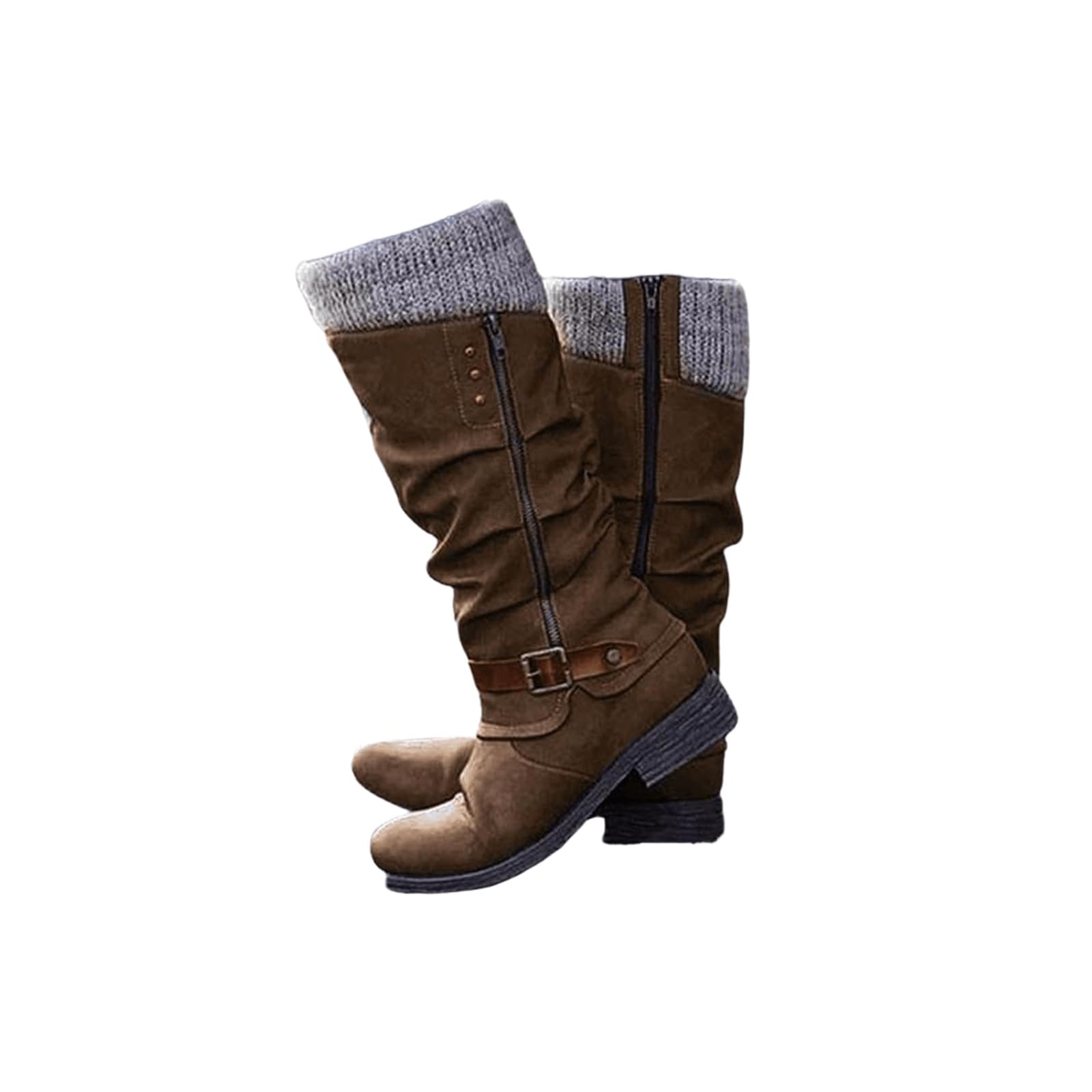 Knee High Boots for Women Low Heel Round Toe Winter Riding Motorcycle Boots Fashion Side Zipper Vintage Booties