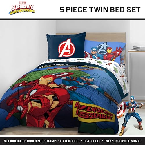 Image of Jay Franco Kids Bed Set, Blue, Avengers, 5 Piece Twin | Cozy Soft Bedding for Stylish Room Decor with Comforter, Sheets & Pillow Covers