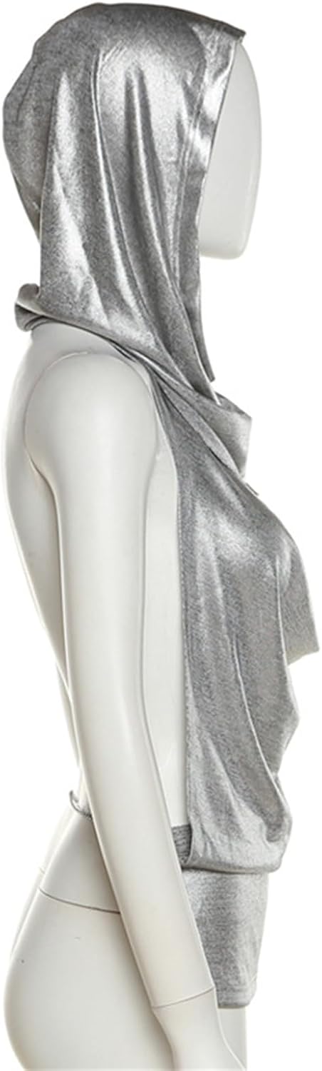 Women’s Shiny Top Sexy Cowl Neck Sleeveless Backless Top with Head Scarf for Rave Festival Party Clubwear - Image 5