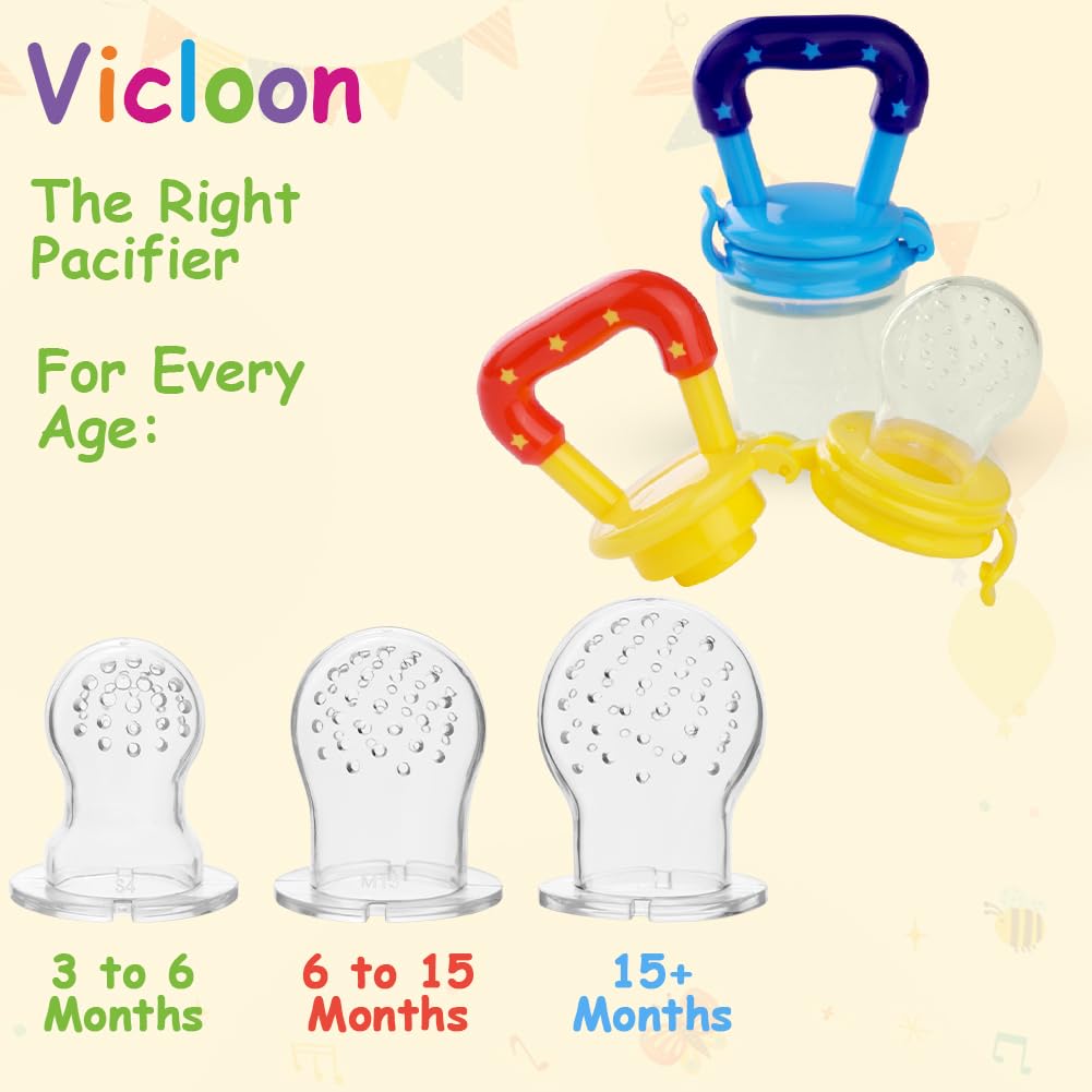 Vicloon Ciuccio per Alimenti Neonati, 3 Pezzi Ciuccio Frutta Neonati con 3 Ciuccio in Silicone(3 Taglie Differenti), Ciuccio Frutta per Bambini per Alleviare il Dolore allo Tempo, Senza BPA, 3 Colori
