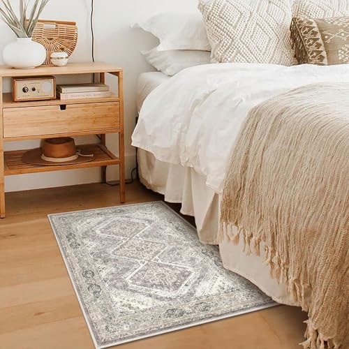 KUTA Washable Oriental Small Area Rug Ivory Grey Yellow, 2x3 Entryway Rugs Indoor Non-Slip Soft Printed Vintage Distressed Farmhouse Low-Pile Door Mat for Entrance Bedroom Kitchen Nursery
