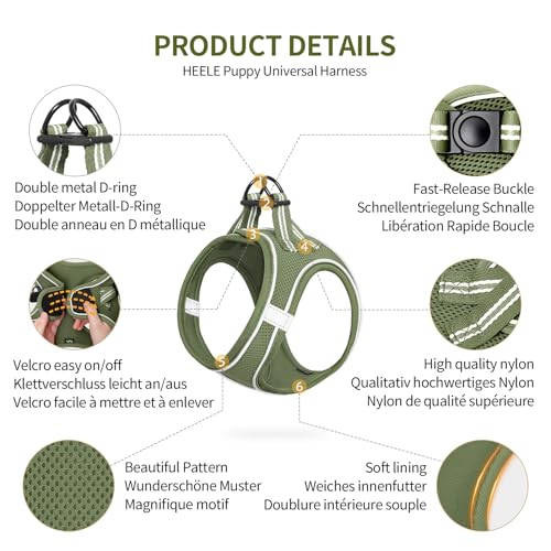 HEELE Hundegeschirr Einstellbare Anti Zug Geschirr Reflektierend Atmungsaktiv Geschirr Hunde Leichtes Brustgeschirr Kleine Hunde für Gehen Laufen Training, Reflektierend, Armee Grün, M