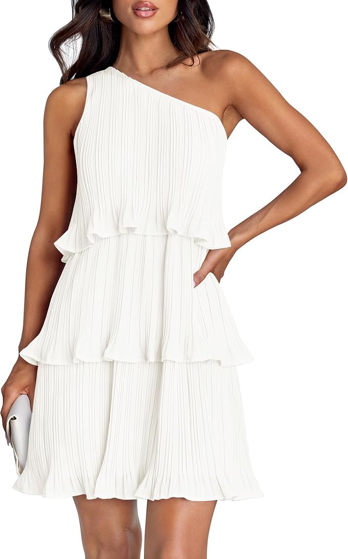 Mini abito estivo da donna 2024, monospalla senza maniche, con volant, a strati, in chiffon, stile boho, linea ad A