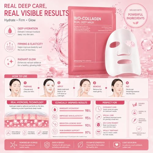 Image of (Pack of 1) Bio Collagen Sheet Mask Overnight Face Mask - Korean Hydrogel Collagen Face Mask Sheets with Hyaluronic Acid & Alpha Arbutin for Glowing Skin, Brightening, Hydration, Firming & Glass Skin Care & Elasticity Support