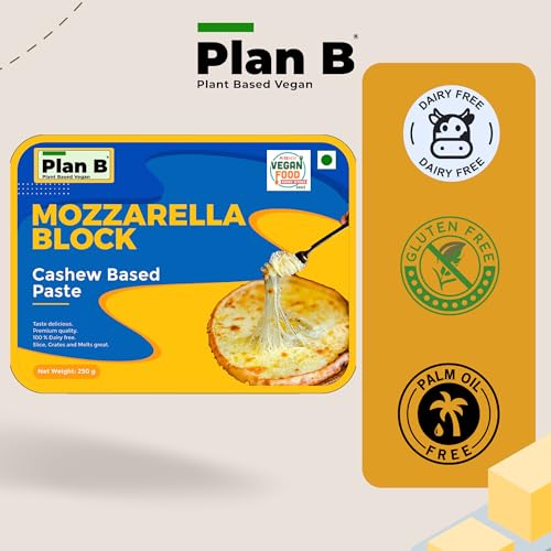 Image of Plan B Plant-Based Mozzarella Cheese Block- Dairy-Free, Lactose-Free - Melts Perfectly - Ideal for Pizza, Pasta & Baking - Made with Cashews | Pack Of 2(250 G Each)