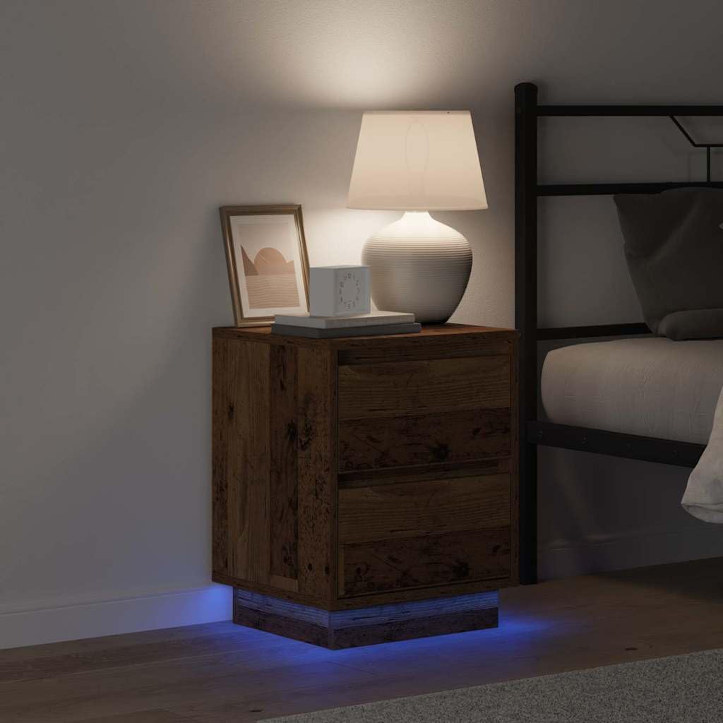Mesita de noche con aspecto de madera envejecida, 39 x 34,5 x 50 cm, material de madera, con 2 cajones, conexión USB, iluminación LED, mesa auxiliar moderna para dormitorio, salón