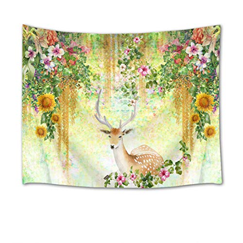 LB 北欧風タペストリー 花と鹿 おしゃれ壁掛け インテリア 装飾アート モダン 多機能 布ポスター 間仕切り カーテン お店 部屋や窓の飾り 個性ギフト 新居祝い (150x100cm)