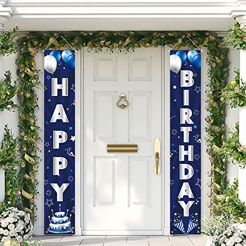 Image of Blue Silver Birthday Decorations Banner, Happy Birthday Door Sign, Polyester, 72 x 12 Inch, for Men Women Boys Girls, Reusable, Ideal Party Supplies