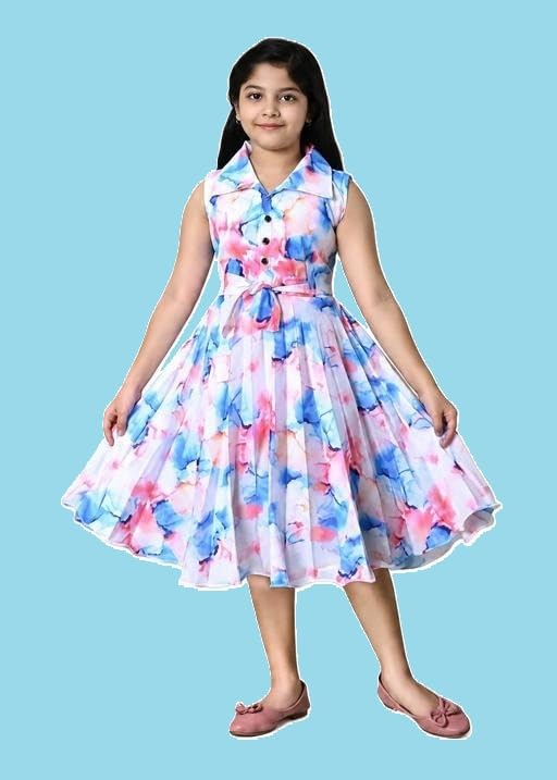 Image of Girls Chiffon Frock | Multicolor Embellished A-Line Dress | Sleeveless Shirt Collar | Casual Kids Dress