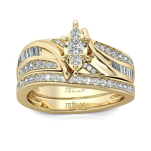 Jeulia Gold Tone Cluster Round Cut Sterling Silver Ring Set for Engagement Anniversary Eternity Promise Wedding Band Ring Set With Jewelry Box