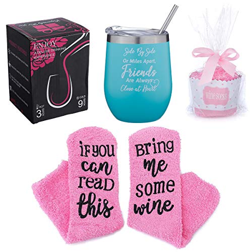 Insulated Wine Tumbler + Cupcake Wine Socks Gift Set Stainless Steel Stemless Wine