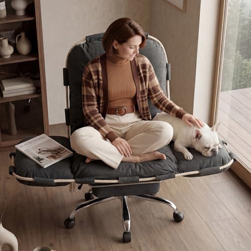 DEKKETO Fauteuil de Bureau avec Repose-Pieds, Chaise Large pour S'asseoir en Tailleur, Pivotant et Basculant, Tissu Chenille, Accoudoirs 5 Pos., Dossier...