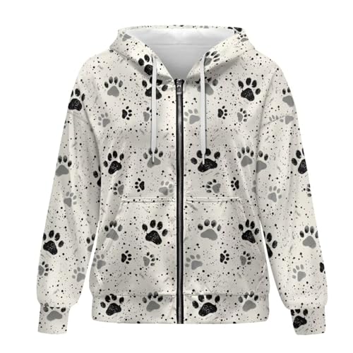 Suhoaziia Kapuzenpullover mit Reißverschluss in Übergröße für Damen, langärmelige Sweatshirt-Jacken, Herbst/Winter-Outfits, modische Kleidung, Mantel, Hundepfoten, M