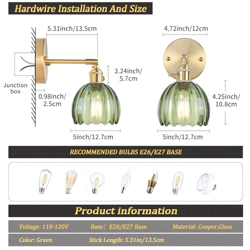Shenmoyl Vintage Wall Sconces With Green Tulip Glass Lampshade 180 Degree Adjustable Brass Sconces Hradwired Modern Wall Lighting Fixture With Switch For Bedside Bedroom Doorway thumb #7