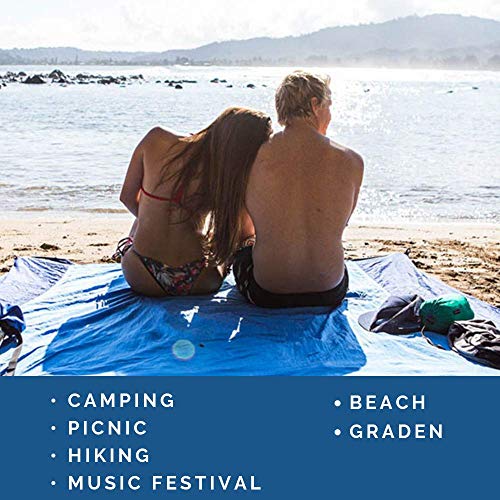 pys Beach Blanket - Oversized 10’x 9’ Sand Proof Compact Lightweight Portable Large Waterproof Parachute Nylon Beach Mat, Includes 4 Metal Stakes