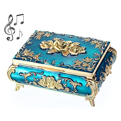 ELLDOO Vintage Music Box, Blue Metal Musical Jewelry Box Keepsake Box, Small Trinket Jewelry Storage Box Gift for Girl Women (Tune: You are My Sunshine) Cover