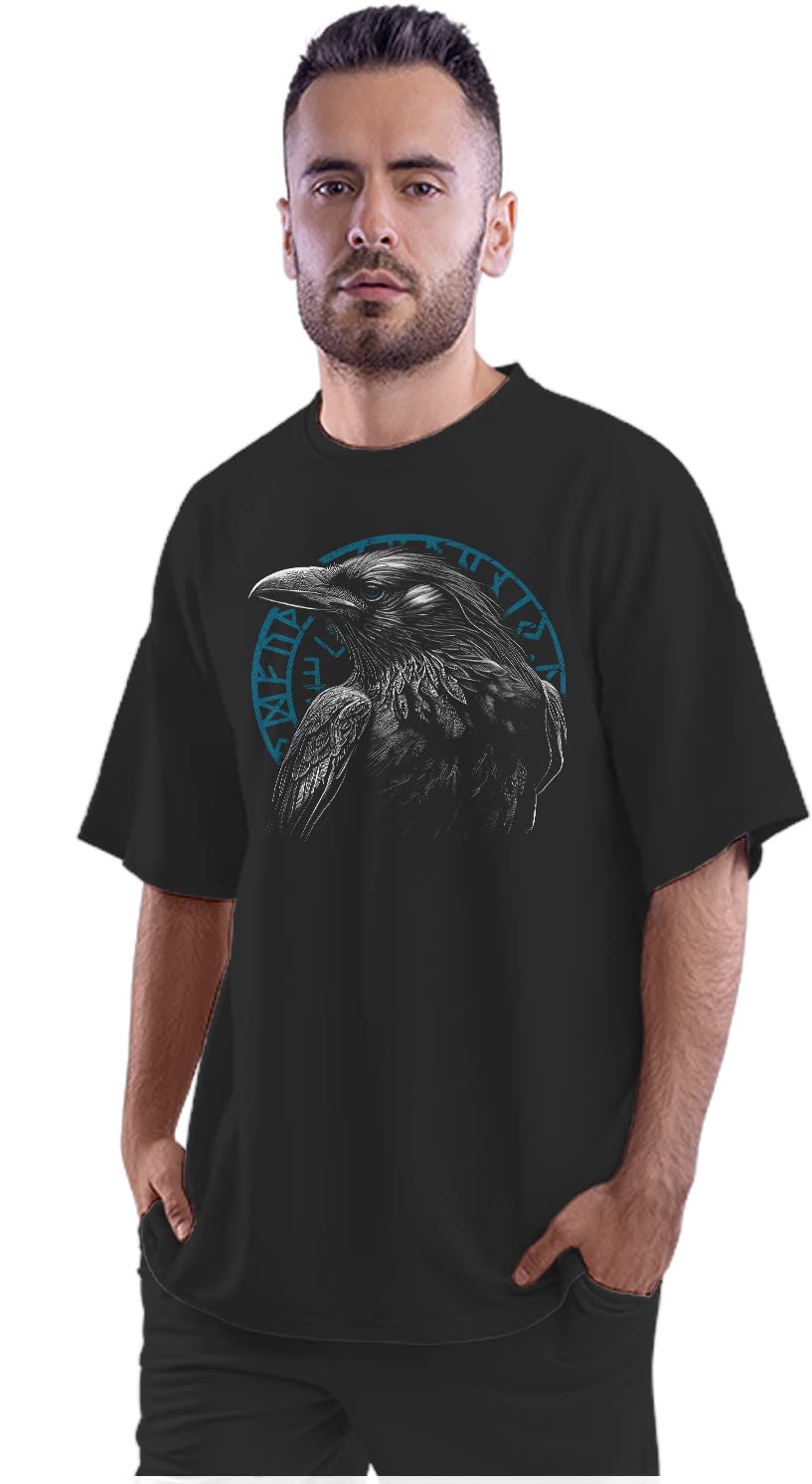 HeybrohOversized T-Shirt Raven with Viking Runes Men's Women's Unisex 100% Cotton