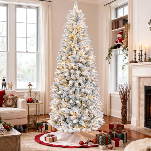Hykolity 6 ft Prelit Snow Flocked Pencil Slim Christmas Tree, 544 PVC...