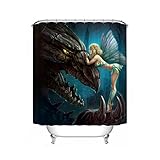 Gojeek Fairy Dragon Shower Curtain Set, Fairy Girl on Dragon Hand Polyester Fabric 72x72 Inches Medieval Fantasy Theme Bath Curtain with 12 Hooks 72inch*72inch curtain