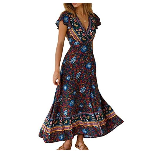 Vestido Mujer Bohemio Largo Verano Playa Fiesta Floral Manga Corta Cuello en V Talla Split Wrap Maxi Vestidos 1 XL