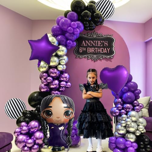 Image of 31 inch Gothic Cartoon Girl & Mixed Gothic Balloon Set: 5pcs Foil Balloons Black Striped, Star, and Heart Purple Balloons for Mysterious Character theme Party, Birthday, Halloween, and Costume Parties