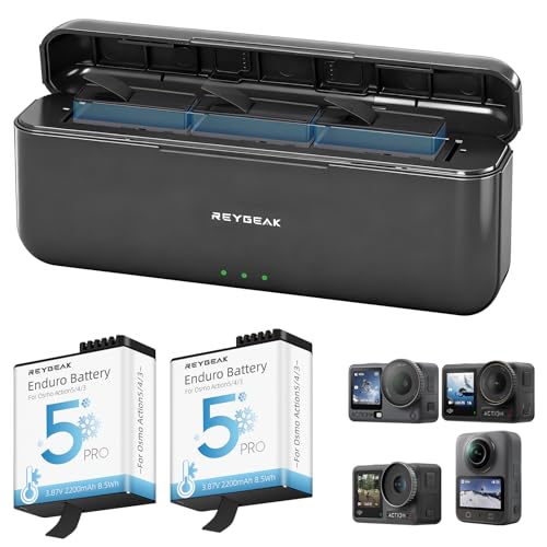 REYGEAK Akku Ladegerät für DJI Osmo Action 6/5/4/3-2X 2200mAh Ersatzakkus mit 3-Fach Ladegerät tragbare Ladelösung für Action-Kameras