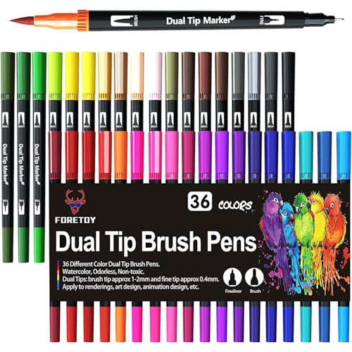 FORETOY Rotuladores Lettering 36 Colores Rotulador Doble Punta Pincel y Punta Fina Acuarelables Brush Pen Marcadores para Niños Adultos Lettering Arte Dibujo Caligrafía Libros para Colorear