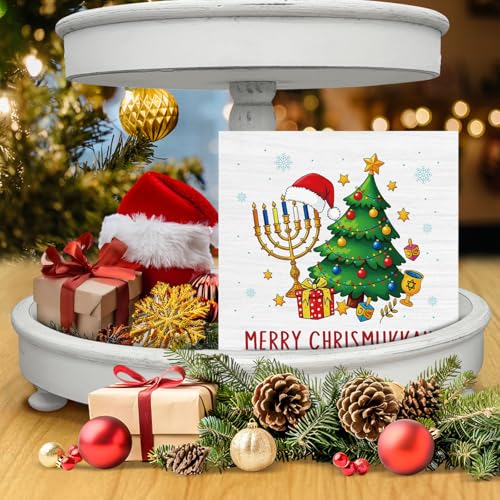 Image of Hanukkah Decor, Merry Chrismukkah Wood Box Sign, Jewish Gifts for Women, Rustic Hanukkah Decorations for Home Office Shelf 5 x 5 Inch