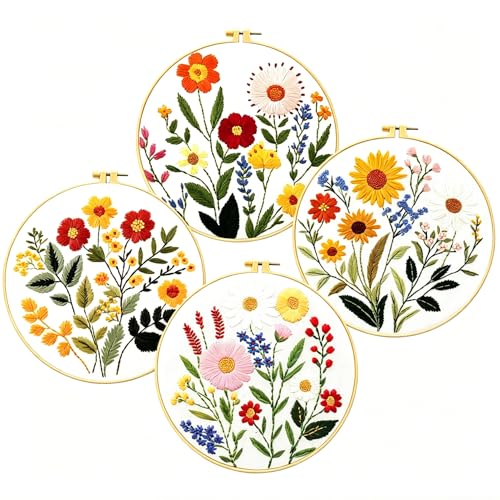 Image of Zhenqing 4-Piece Floral Embroidery Kit for Beginners - Complete Set with Sunflower, Daisy Designs & Pre-Printed 29x29cm Cotton Fabric, Hoop, Threads & Tools(C0166)