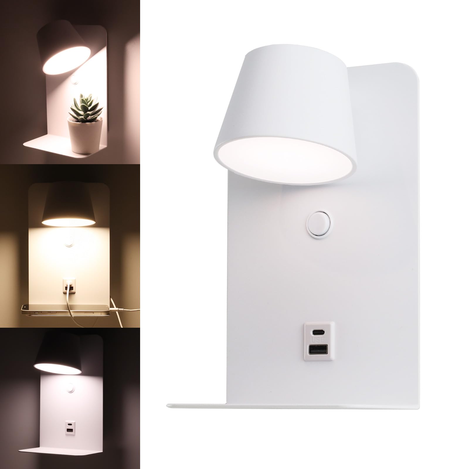 Alpinaluz Aplique LED Orientable 6W Blanco con Tono de Color Ajustable (3000K/4000K/6000K), Interruptor, Puerto de Carga USB Tipo C y A, Soporte de Aluminio de 14cm para Cabeceros y Mesitas de Noche