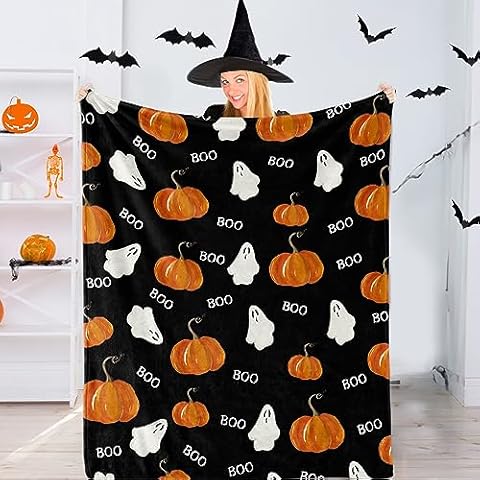 Halloween Throw Blankets, Funny Ghost and Pumpkin Cute Halloween Spooky Black Orange Throw Blanket, Lightweight Flannel Blanket for Bedroom Living Rooms Couch Sofa Home Decorations 50x60 Inch Cover
