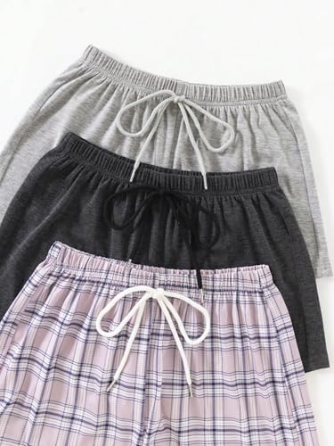 Image of WDIRARA Women's 3 Pack Plaid Letter Graphic Pajama Shorts Lounge Shorts | Elastic Waist ,Comfortable,Home Living,Sleepwear
