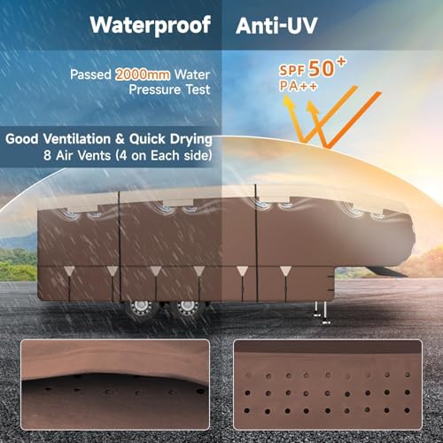Image of 5th Wheel Cover: Fits 28'-31' RV, 300D Oxford Fabric Two Color Design, Heavy Duty 5th Wheel RV Cover Anti-UV Waterproof Windproof, with Gutter Cover & 2 Pcs Extra Straps